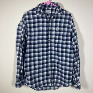 Carhartt Casual Button-Down Flannel Shirt Men's Navy White S Cotton Relaxed Fit!